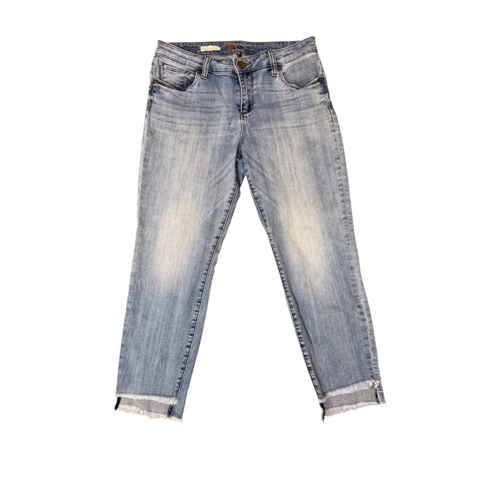 KUT from the Kloth Reese Ankle Straight Leg Jeans Light Wash Blue Raw Hem Size 8